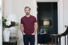 Kenrow Connor Tee in maroon, front - facing model view with both hands in pockets