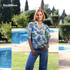 Rant & Rave East Top in blue floral print, worn by model full - length view