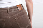 Rant & Rave Emily Wide Leg Cord Taupe trousers, logo detail on back waistband