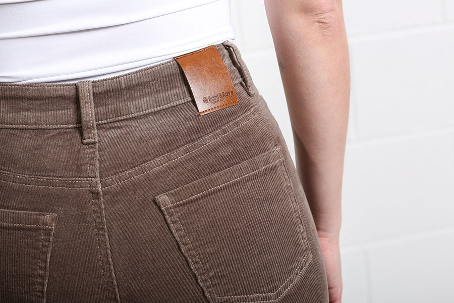 Rant & Rave Emily Wide Leg Cord Taupe trousers, logo detail on back waistband