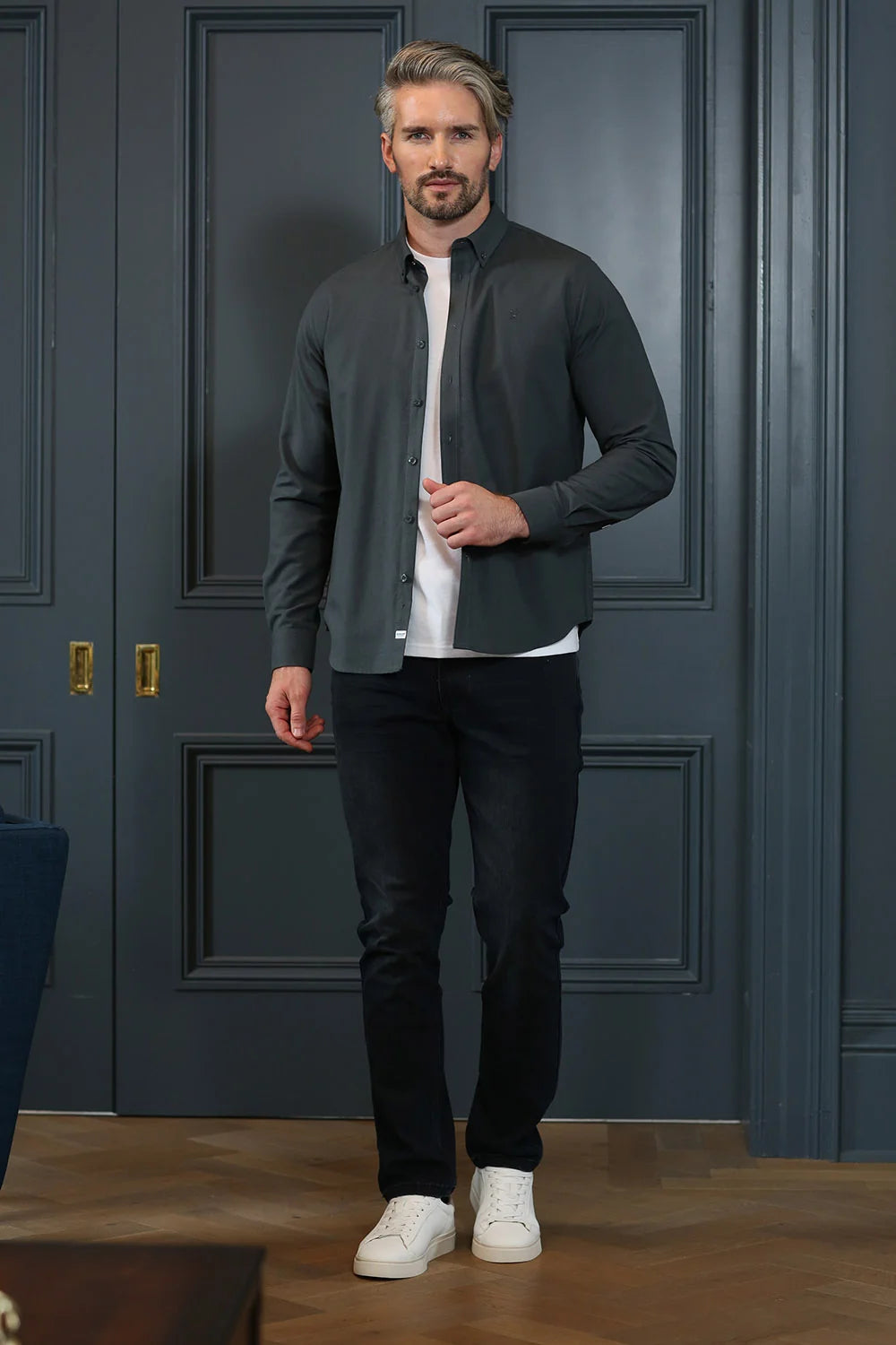 Kenrow Fritz Shirt Pewter Green full body model view styled with black jeans and white trainers