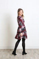 Rant & Rave Grace dress in burgundy floral, side and back model view.