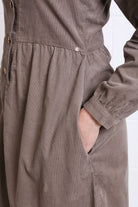 Rant & Rave Hazel Shirt Dress Biscuit in biscuit corduroy, detail view of gathered waist, side pocket and cuff button.