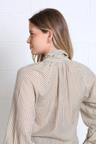 Rant & Rave Natalia top in Light Coffee, back detail view showing gathered neckline and striped fabric.