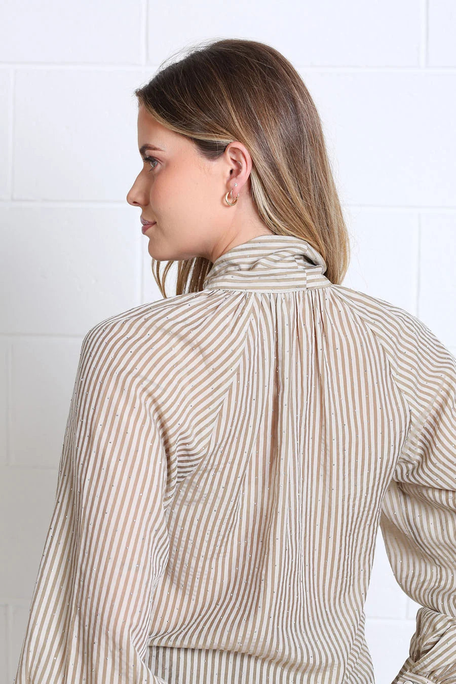 Rant & Rave Natalia top in Light Coffee, back detail view showing gathered neckline and striped fabric.