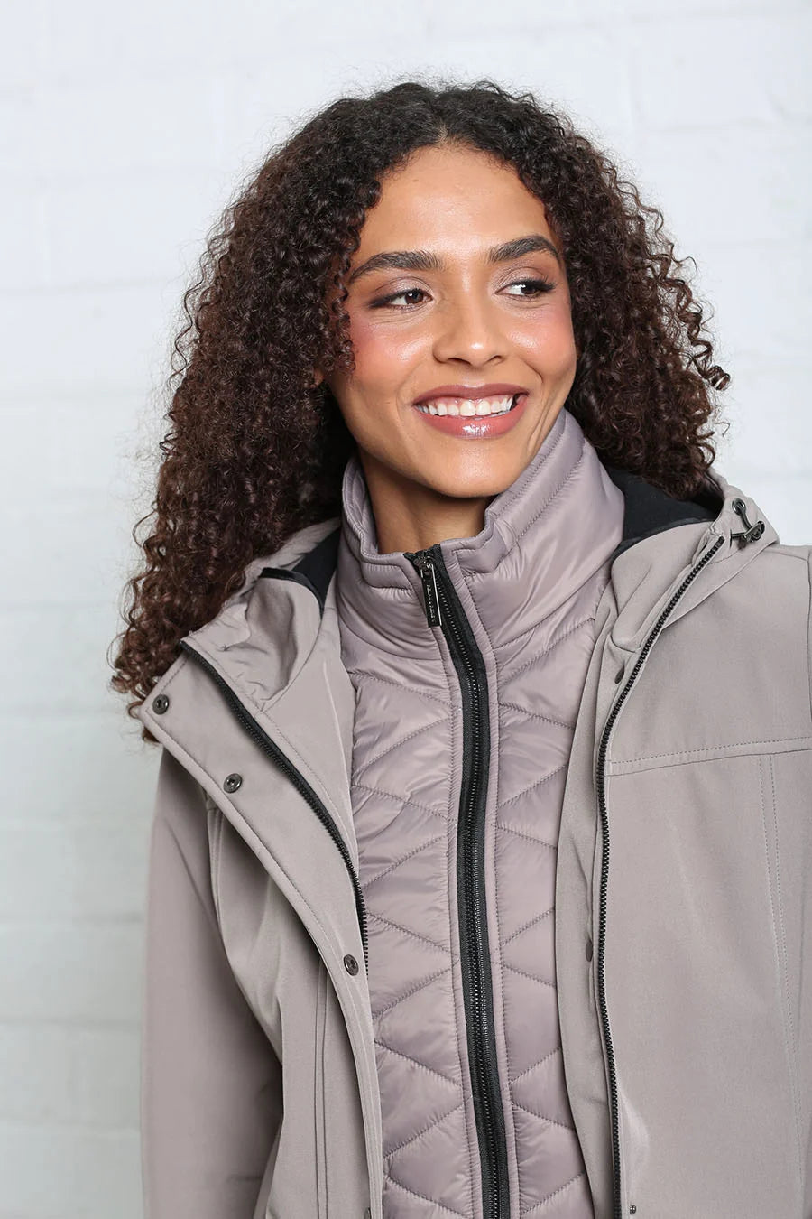 Rant & Rave Relax & Renew Elsie coat in taupe, close - up model view showing quilted inner layer