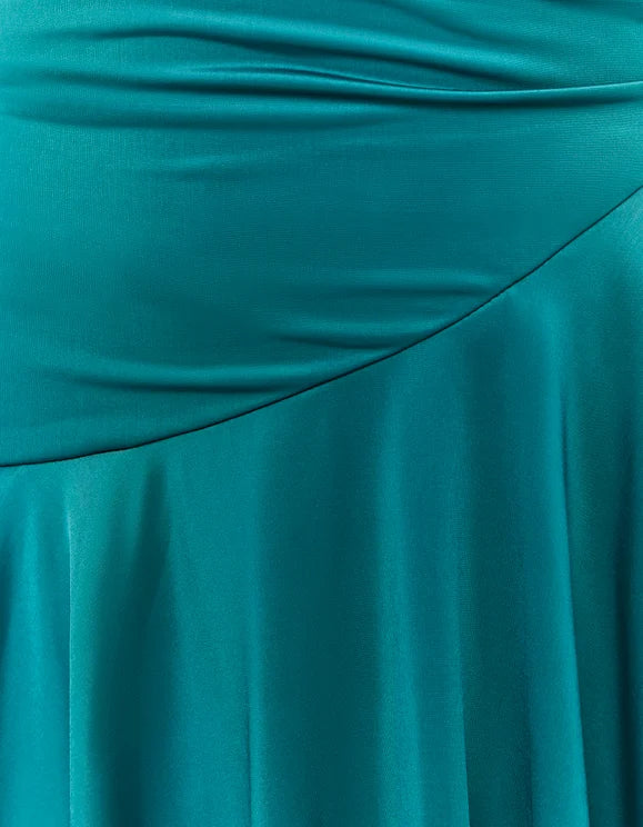 Tally Weijl green mini dress fabric detail showing ruched waist and draped skirt seam