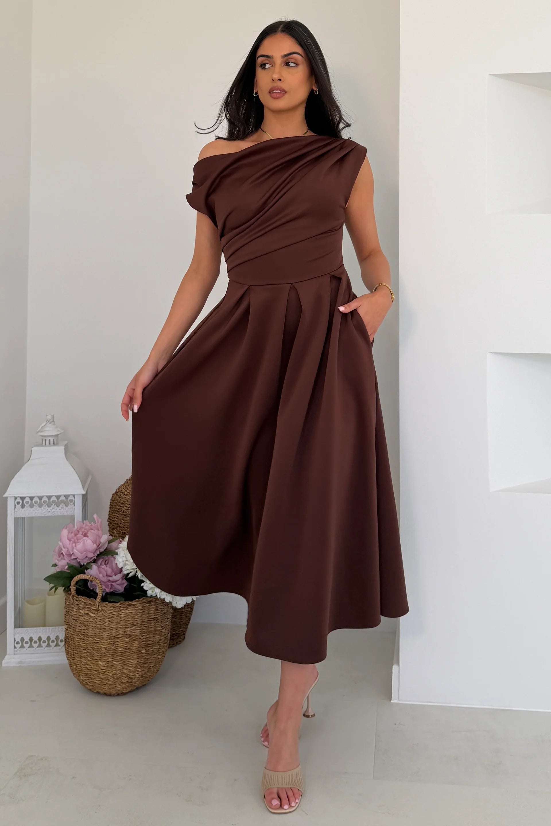 Girl In Mind Betty Asymmetric Neckline Skater Midi Brown in Brown - Model front View