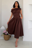 Girl In Mind Betty brown asymmetric midi dress front model view