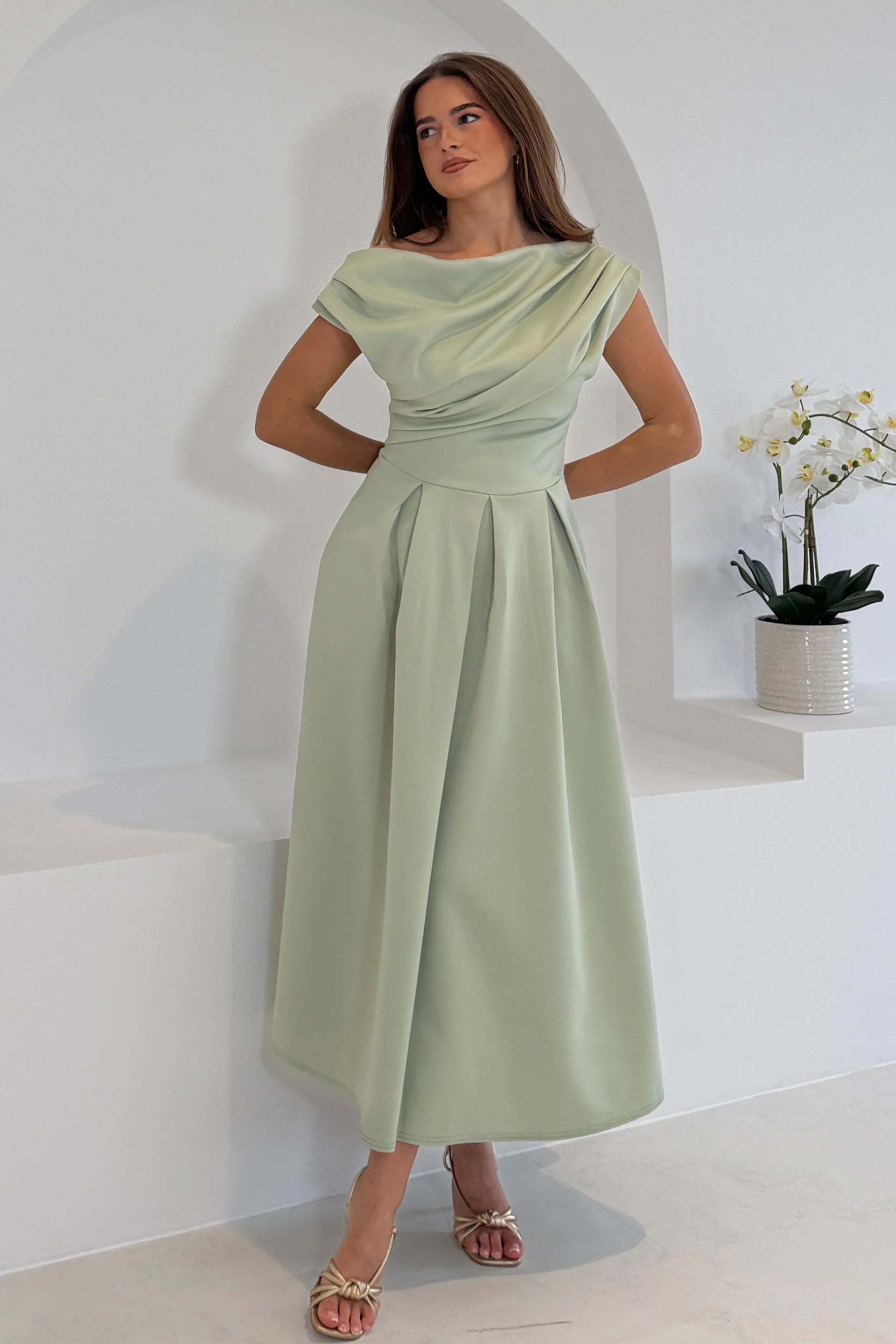 Girl In Mind Betty asymmetric neckline skater midi dress in sage, full - length front model view