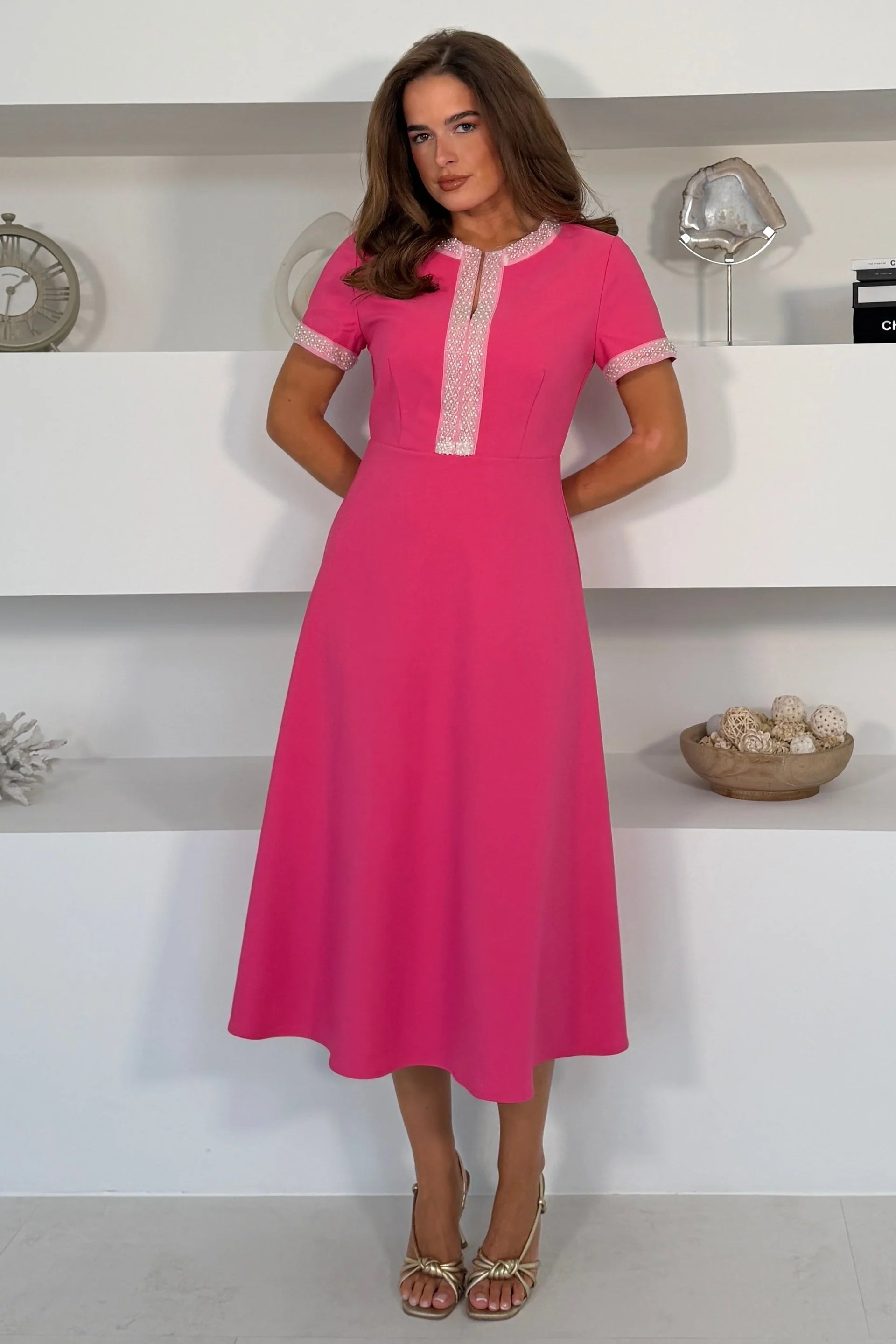 Girl In Mind Natalia pink beaded midi dress, front model view
