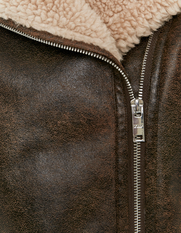 Tally Weijl brown aviator jacket leather - look texture and zip detail