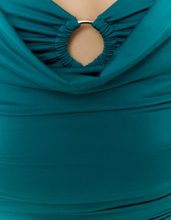 Tally Weijl green crop top detail showing cowl neckline and front ring accent