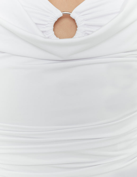 Tally Weijl white crop top detail view with draped neckline and ring accent