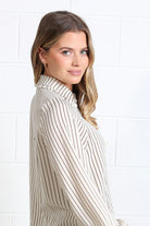 Rant & Rave Stella shirt in brown and white stripe, worn by model, side model view