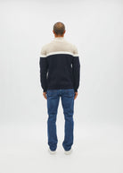 Diesel Tully Half Zip Sandshore sweater in sand, back view with white stripe and navy body.