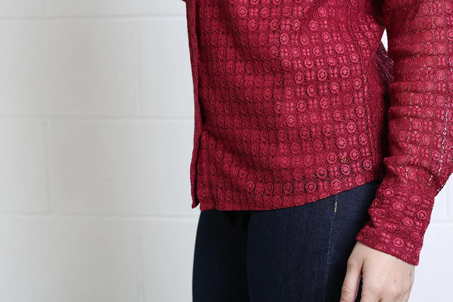 Rant & Rave Vivian Shirt in burgundy, fabric detail view showing the intricate lace pattern and hem