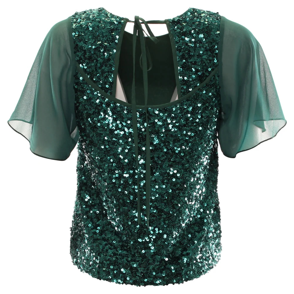 Rant & Rave Kennedy Top in green sequin back detail view with tie neck and sheer sleeves