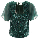 Rant & Rave Kennedy Top in green sequin back detail view with tie neck and sheer sleeves