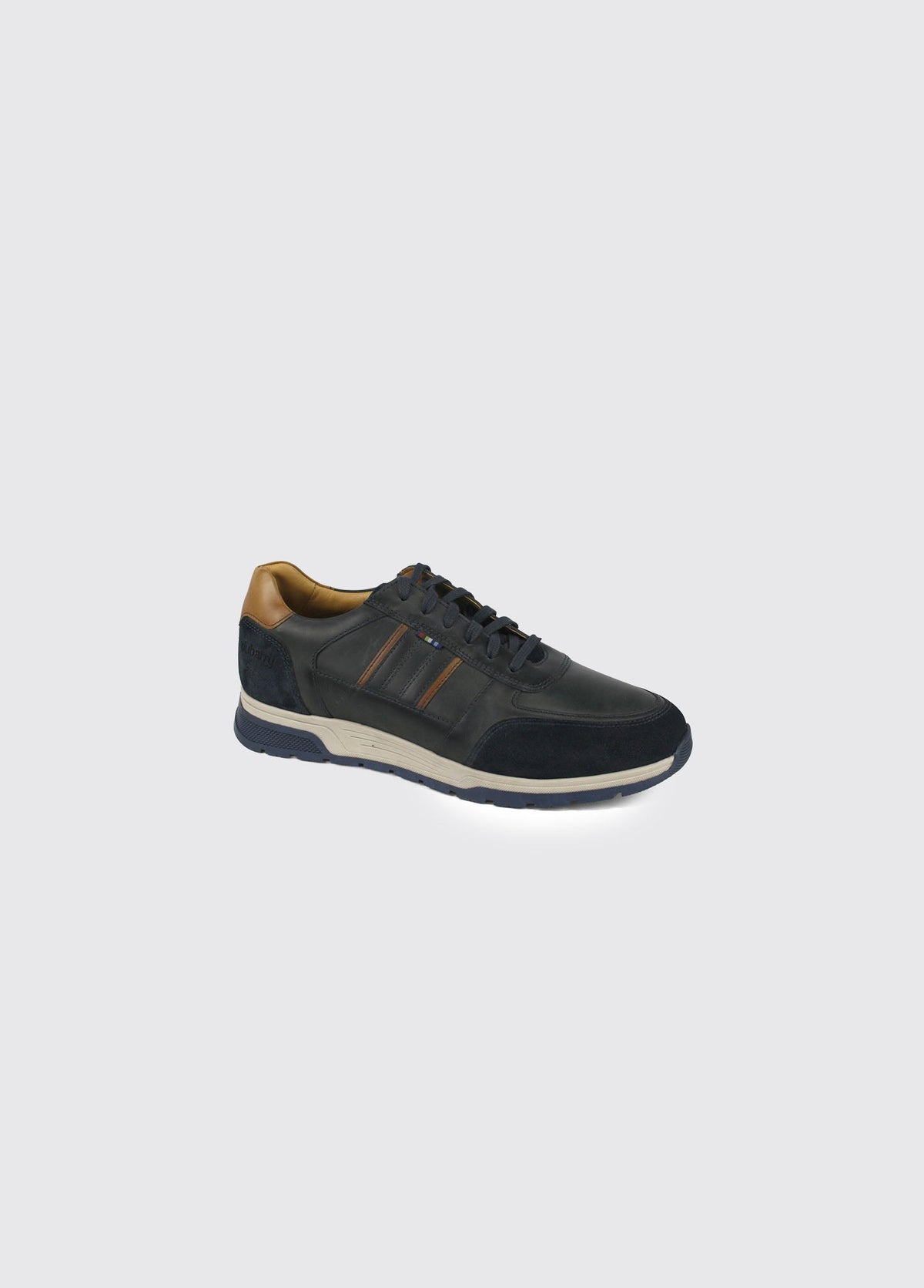 Dubarry Sarris Men's Trainer in navy, side view showing the full profile of the navy leather and suede upper.
