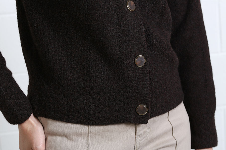 Rant & Rave Claire Cardigan in dark brown, close - up detail view of buttons and ribbed hem
