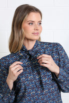 Rant & Rave Isabella Blouse in navy reef print, tie neck detail view