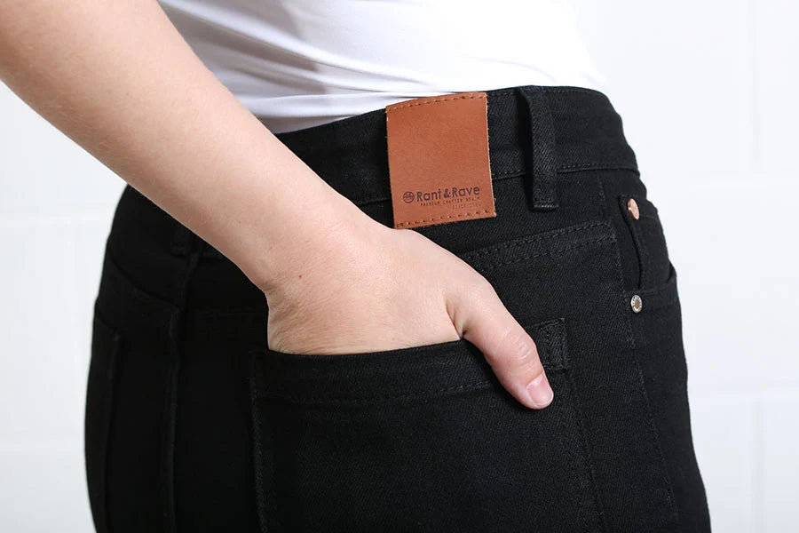 Rant & Rave Jane wide leg jean in black, back pocket and logo patch detail