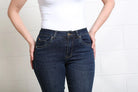Rant & Rave Margaret bootcut jeans in mid blue, front waist detail