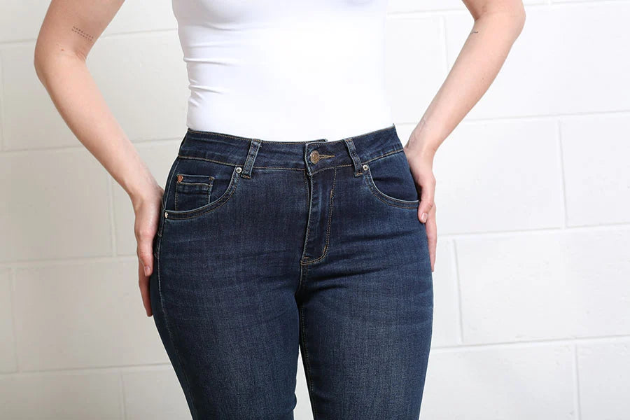 Rant & Rave Margaret bootcut jeans in mid blue, front waist detail