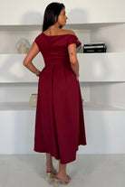 Girl In Mind Betty asymmetric neckline skater midi dress in wine, back view showing off - shoulder back and flowing midi skirt