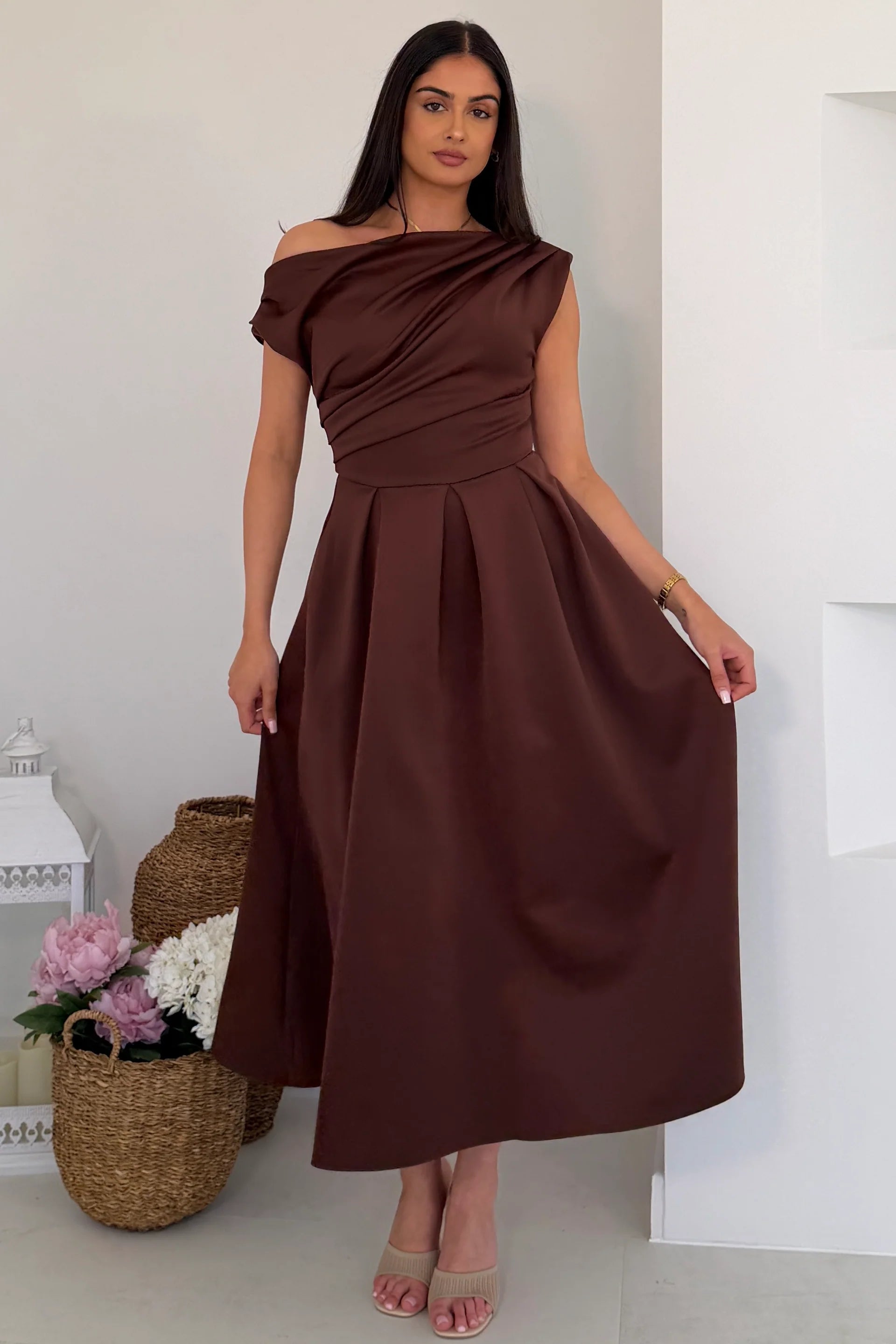 Girl In Mind Betty Asymmetric Neckline Skater Midi Brown in Brown additional view