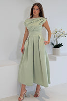 Girl In Mind Betty asymmetric neckline skater midi dress in sage, straight front model view