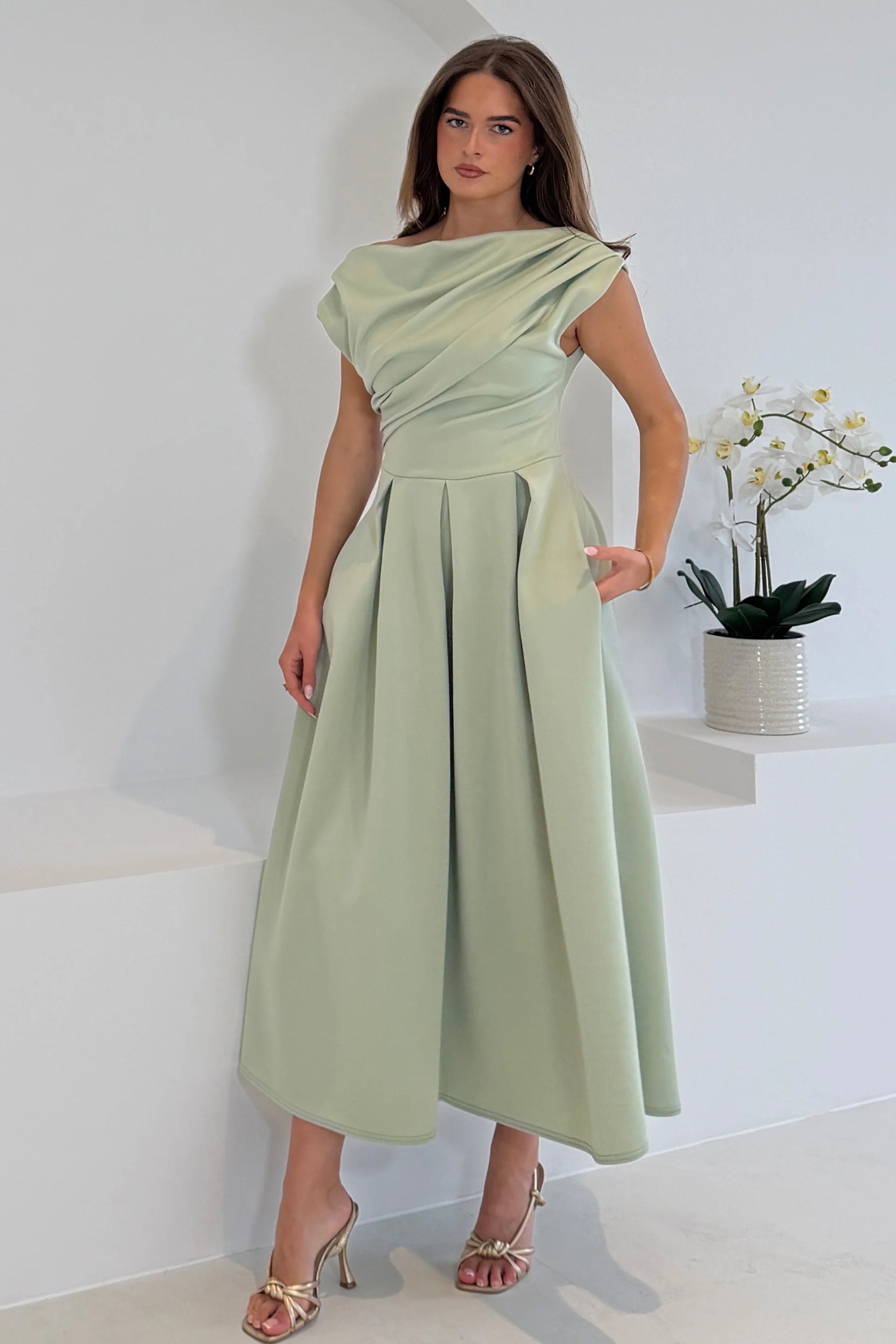 Girl In Mind Betty asymmetric neckline skater midi dress in sage, straight front model view