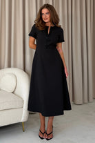 Girl In Mind Natalia beaded bow midi dress in black, straight front model view.