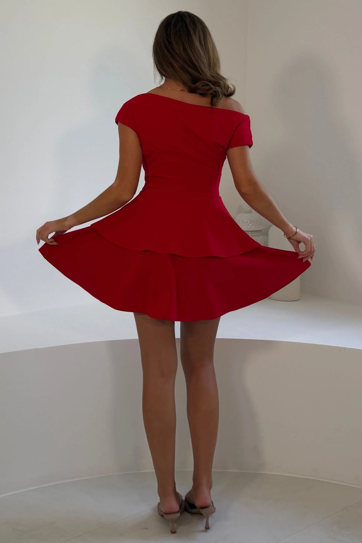 Girl In Mind Pippa double frill mini dress in red, back model view