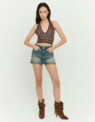 Tally Weijl burgundy and beige sequin knit crop top, full - length front model view