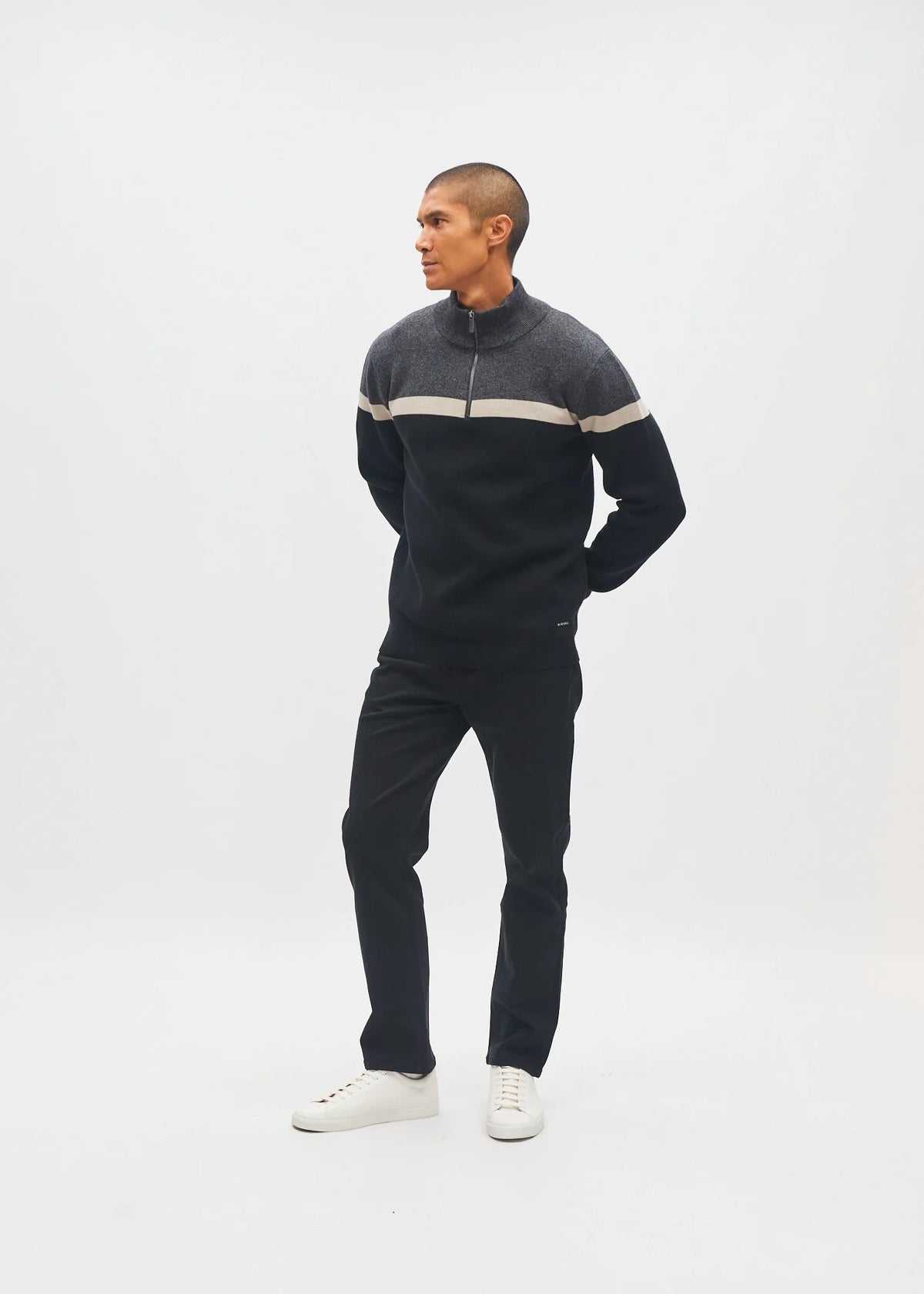 Diesel Tully Half Zip sweater worn by model, dynamic angled model view