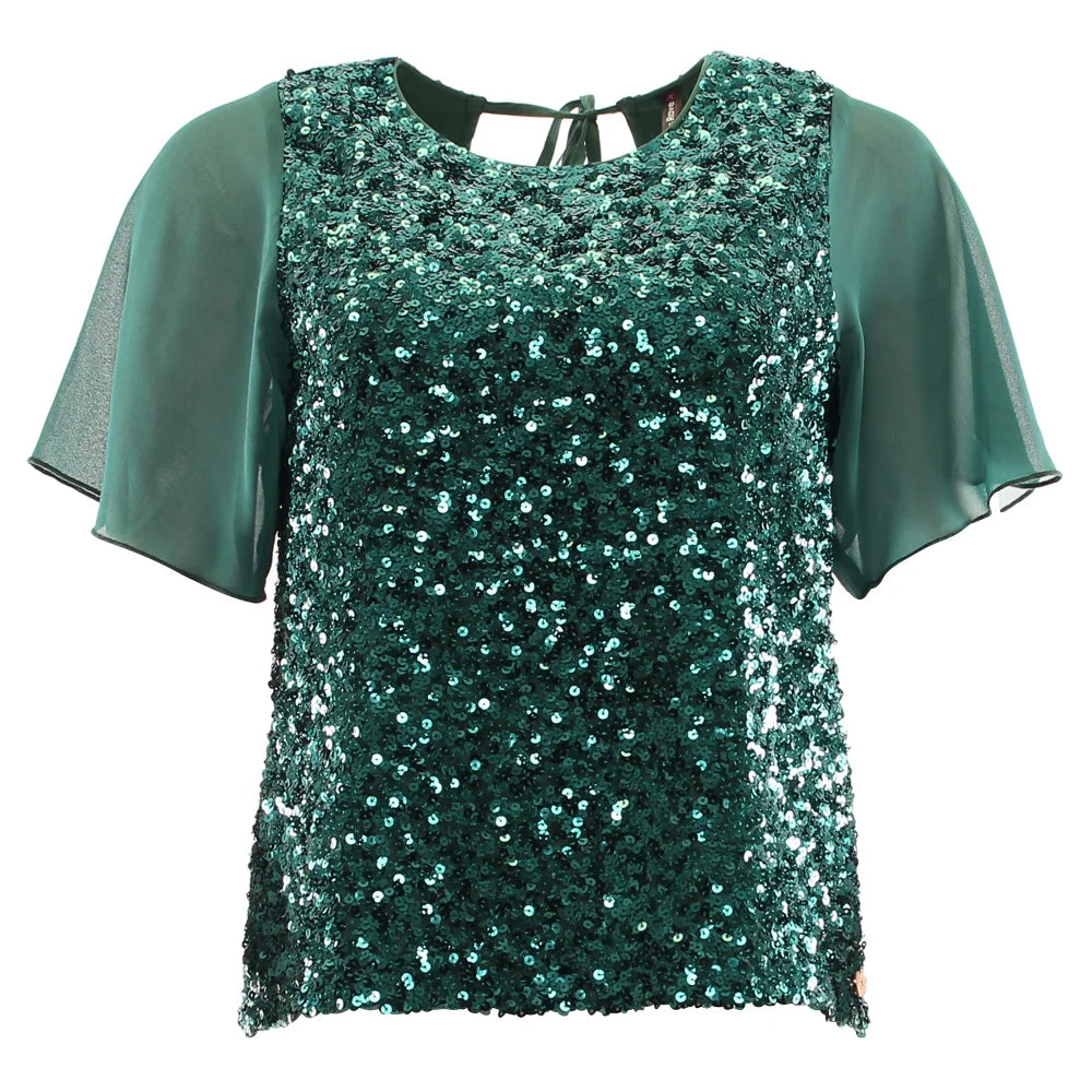 Rant & Rave Kennedy Top in green sequin front view with round neck and sheer flutter sleeves