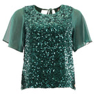 Rant & Rave Kennedy Top in green sequin front view with round neck and sheer flutter sleeves