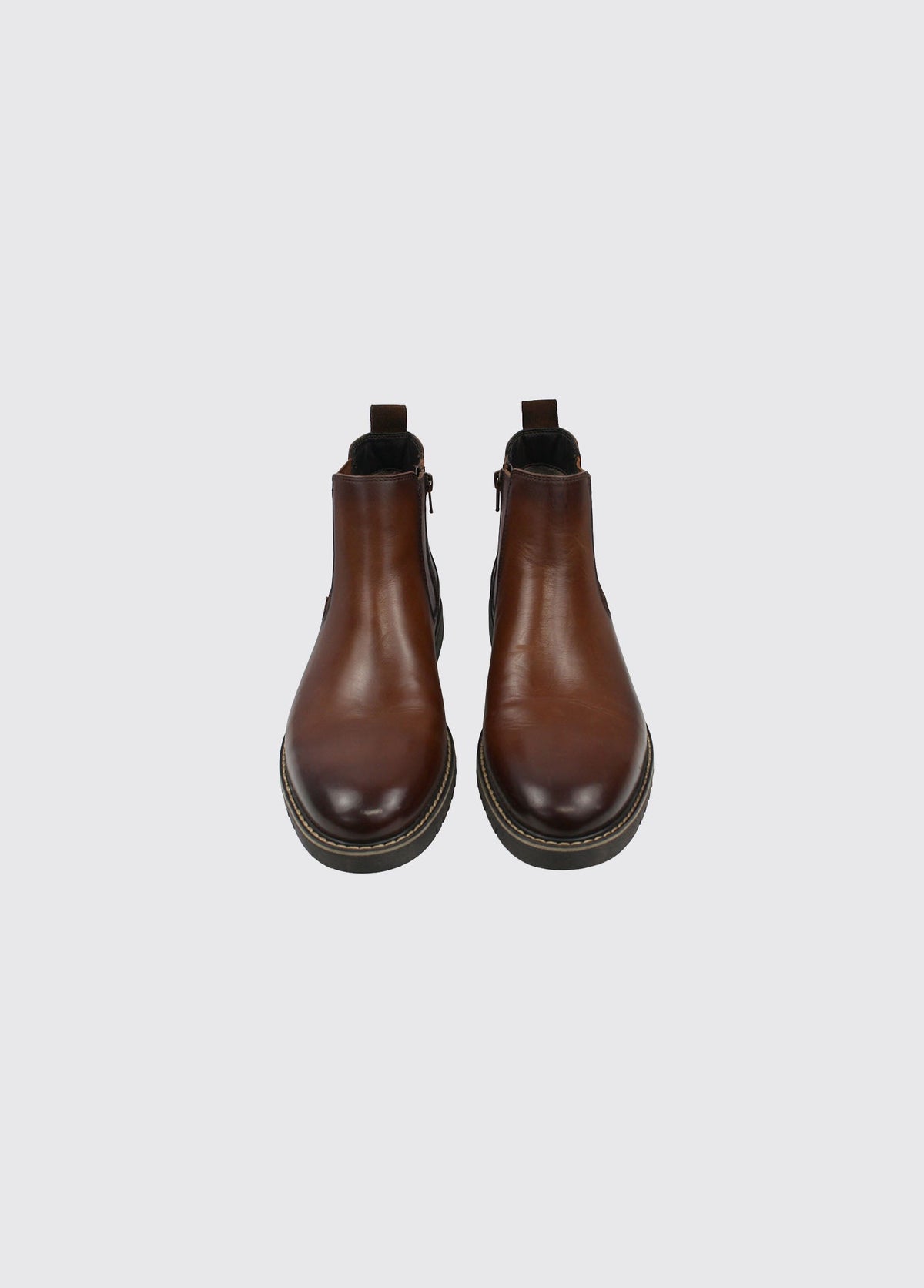 Dubarry Seth men's Chelsea boots in whiskey, front view of the pair showing rounded toe and elastic side panels
