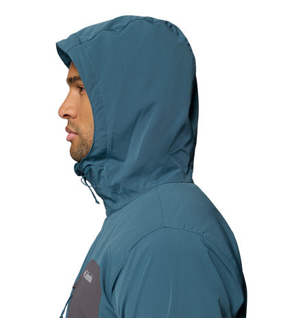 Person wearing a blue hooded jacket on a white background