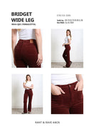Product information sheet for Rant & Rave Bridget wide leg stretch cord trousers in terracotta.