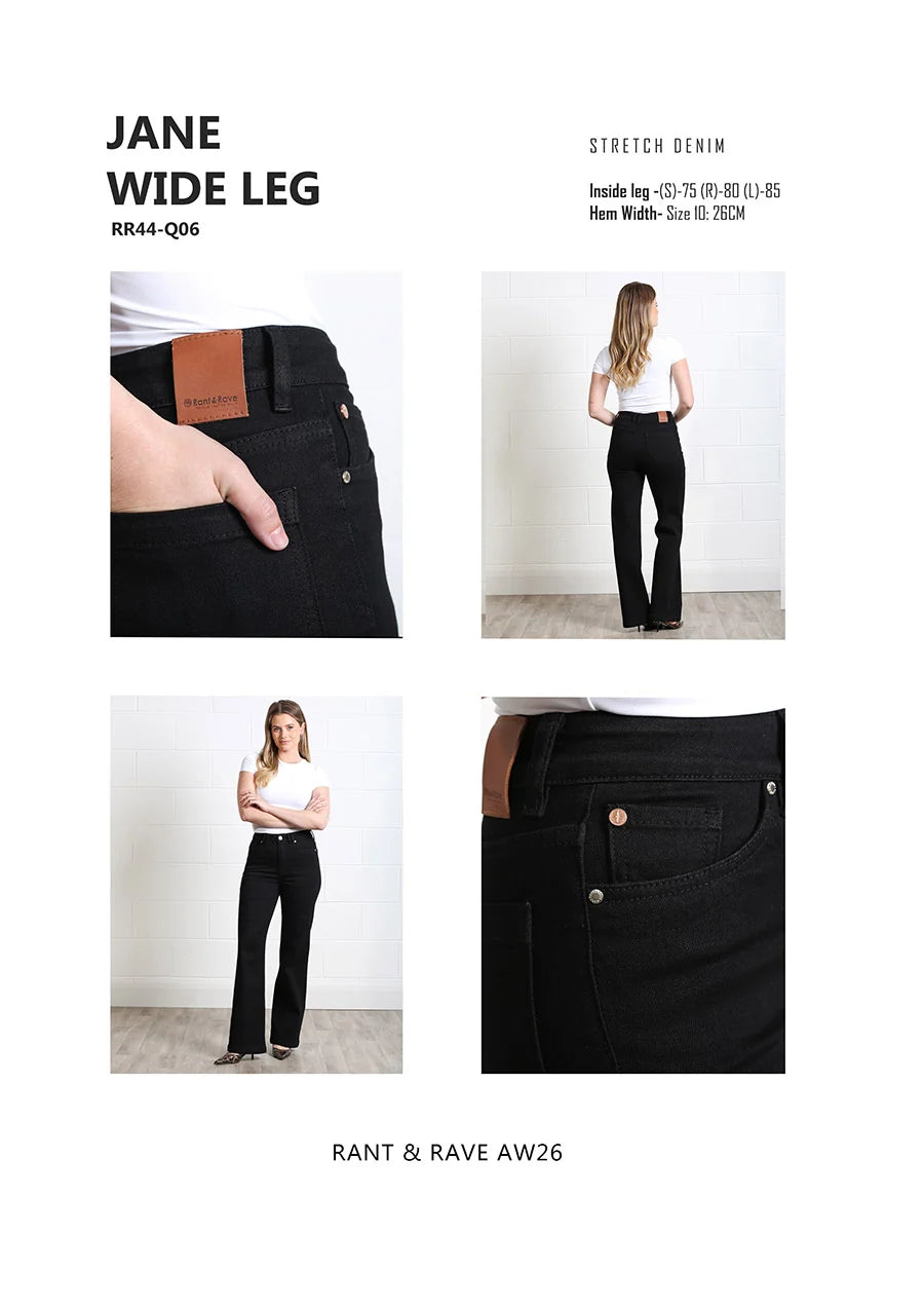 Rant & Rave Jane wide leg jean in black size guide and product collage