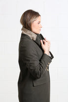 Rant & Rave Olivia Coat deep moss side model view showing contrast collar and cuff button detail