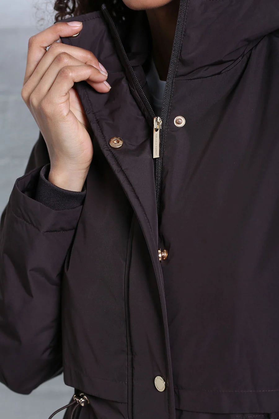 Rant & Rave Relax & Renew Becca jacket in chocolate brown, zip and snap fastening detail