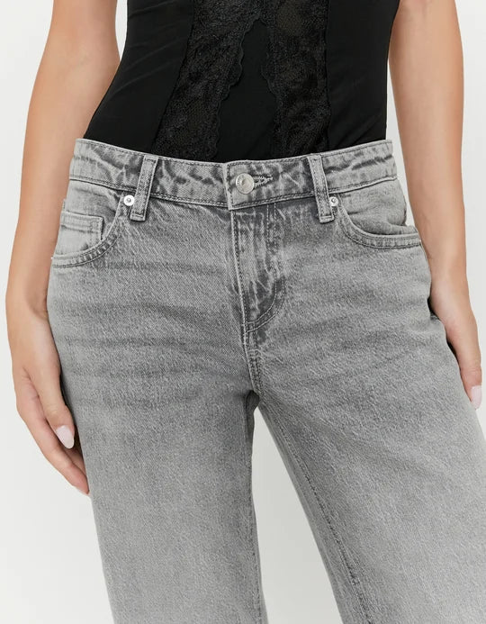 Detail of Tally Weijl grey low waist straight leg jeans front waistband and pockets
