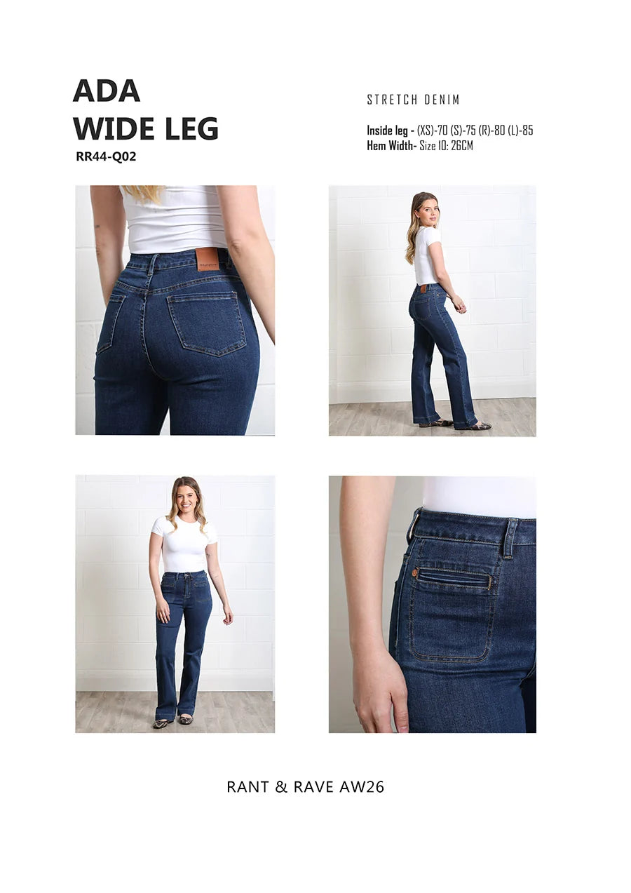 Rant & Rave Ada wide leg jean in Mid Ink size and fit guide collage.