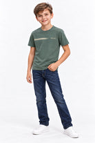 Boy wearing the Diesel Dustin olive T-shirt with contrasting chest print, front view.