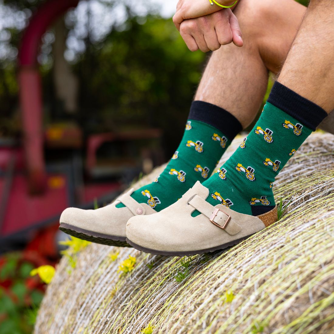 Swole Panda Tractor Bamboo Socks Green model front view