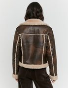 Tally Weijl brown aviator jacket with beige shearling trim, back model view